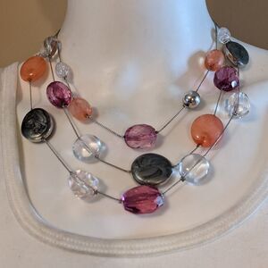 Vintage large purple peach gray, clear semi clear faceted crackle bead necklace